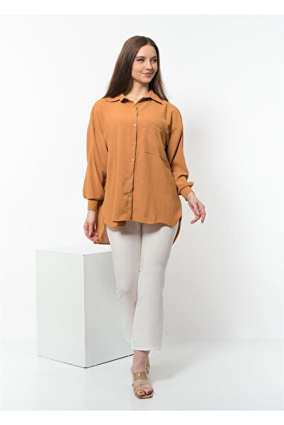 Nuseel قميص نسائي كبير الحجم بأزرار من قماش Aerobin باللون البني
