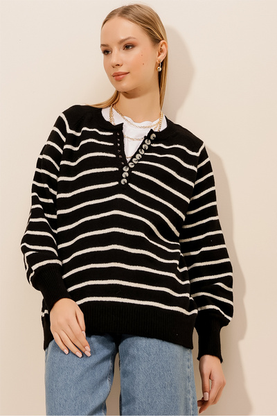 HAKKE Kadın Yakası Ilikli Balıkçı Yaka Çizgili Triko Kazak