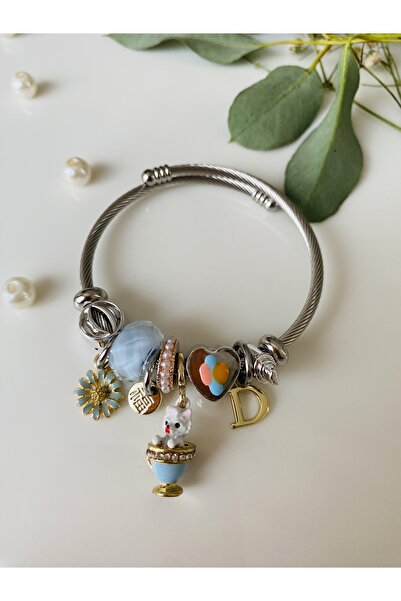 Fynbos Pink Daisy Steel Cup Cat Figure Flower Detail Zircon Stone Charm Model Women's Bracelet