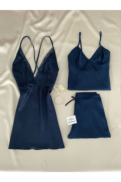MH Moony Homewears طقم بيجامة نوم من الساتان باللون الأزرق الداكن مكون من 3 قطع