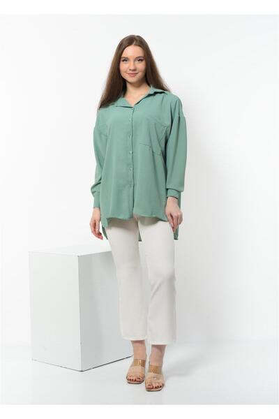 Nuseel Kadın Aerobin Kumaş Düğmeli Oversize Gömlek Açık Yeşil