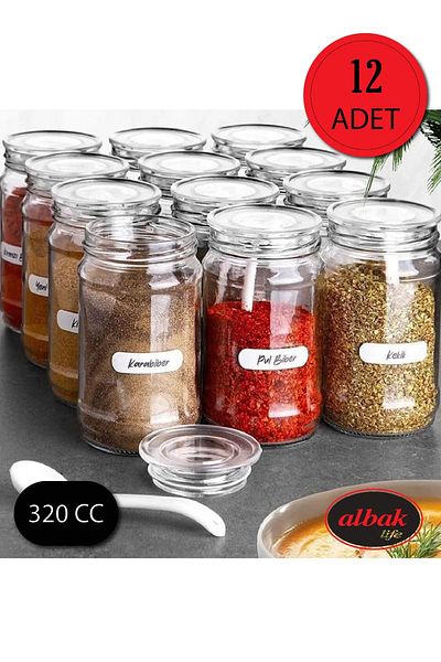 AŞKIN RENGİ 12 Piece Glass Spice Jar Set with Vacuum Lid (330cc)