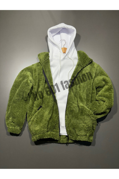 NO 601 Jachetă verde de pluș cu fermoar, albă, cu 3 fire, cu glugă, simplă, s...