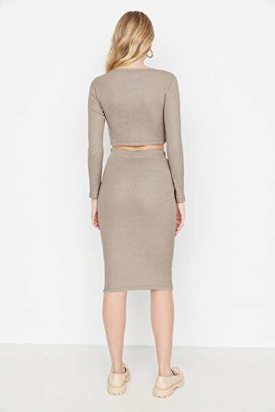 Trendyol Collection Stone Crop Crew Neck Ribbed Flexible Knitted Top and Bottom Set TWOAW22AU0496