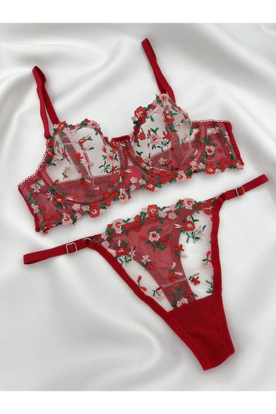 ARONA Balenli Red Green Flowery Brode Bra Set