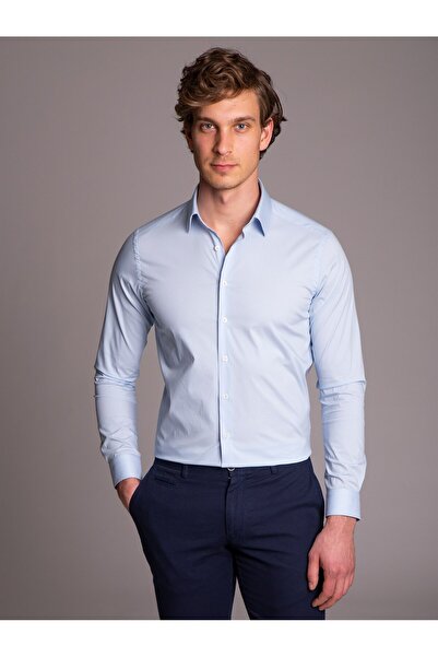 Dufy Açık Mavi Erkek Ekstra Slim Fit Düz Klasik Yaka Uzun Kol Gömlek