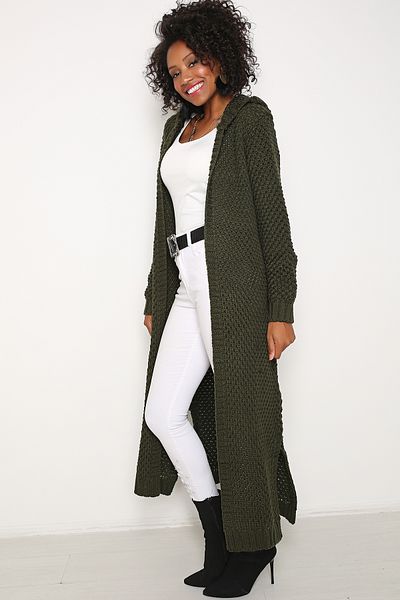 AVORWE Hooded Solid Brass Knitted Slit Open Front Women's Knitwear Cardigan