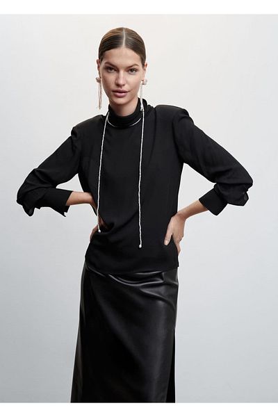 MANGO Woman High Collar Blouse with Jewelled Buttons