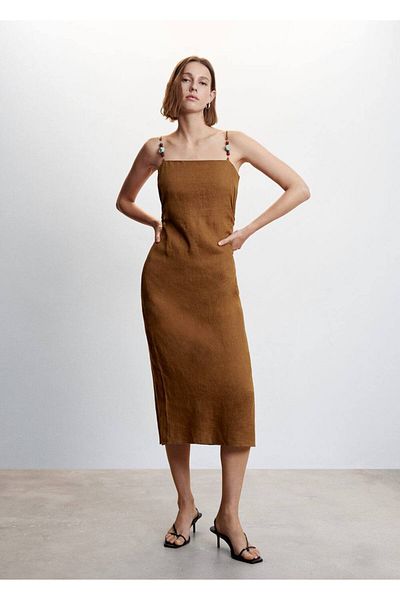 MANGO Woman Πέτρινο λινό φόρεμα με λεπτομέρειες