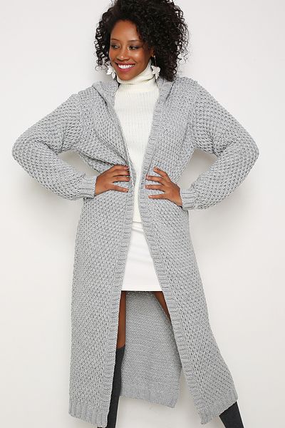 AVORWE Hooded Solid Brass Knitted Slit Open Front Women's Knitwear Cardigan