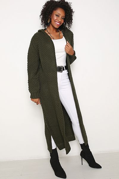 AVORWE Hooded Solid Brass Knitted Slit Open Front Women's Knitwear Cardigan