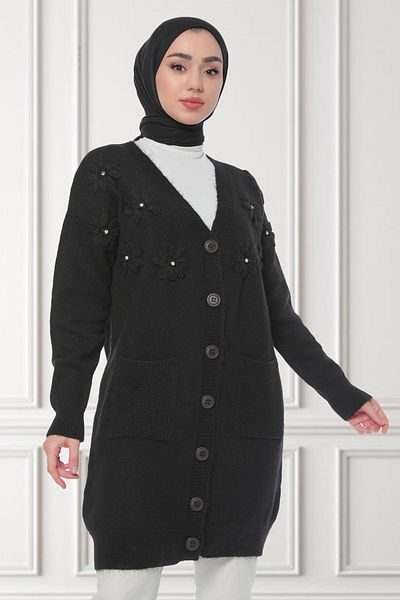 GÜLSELİ Black Women's Floral Embroidered Jewelled Long Knitwear Cardigan