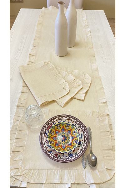 White Alamode Natural Raw Linen Ruffle Runner 40x160 And Placemat Set 35x45cm