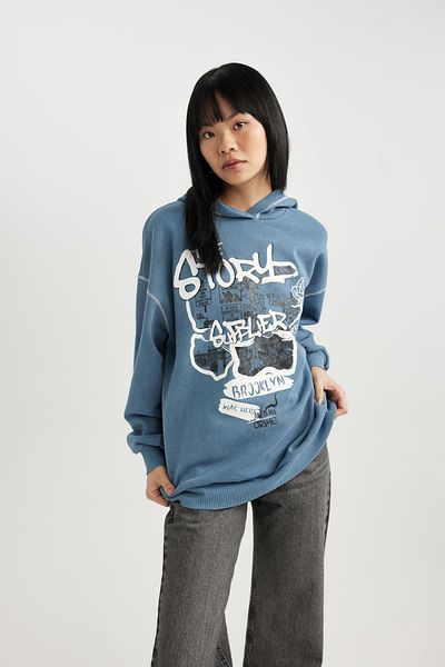 DeFacto Coool Oversize Wide Fit Printed Hooded Thick Washed Faded Effect Sweatshirt B8660Ax23Wn
