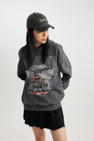 DeFacto Coool Oversize Fit Printed Hooded Thick Washed Pale Effect Sweatshirt B8661ax23wn