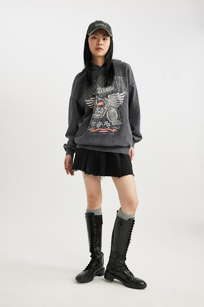 DeFacto Coool Oversize Fit Printed Hooded Thick Washed Pale Effect Sweatshirt B8661ax23wn