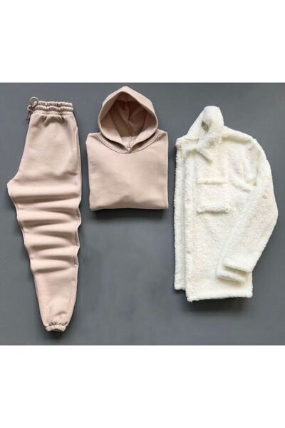 NO 601 WHITE BUTTONED PLUSH WEELSOFT JACKET + BEIGE 3-THREAD BOTTOM-TOP WINTE...