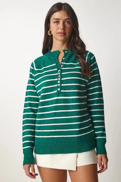 hazelin Women's Persian Green Lightweight Balloon Sleeve Red Striped Button-Up Collar Knitwear Sweater HZL23W-BD1101491