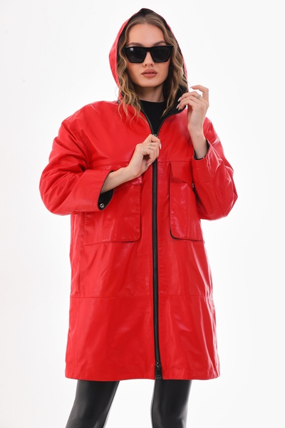 Metins Leather Kadın Kapüşonlu Deri Kaban