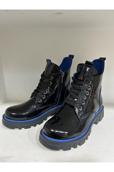 Bağcı Children's Genuine Leather Boots Blue Cut Black Patent Leather