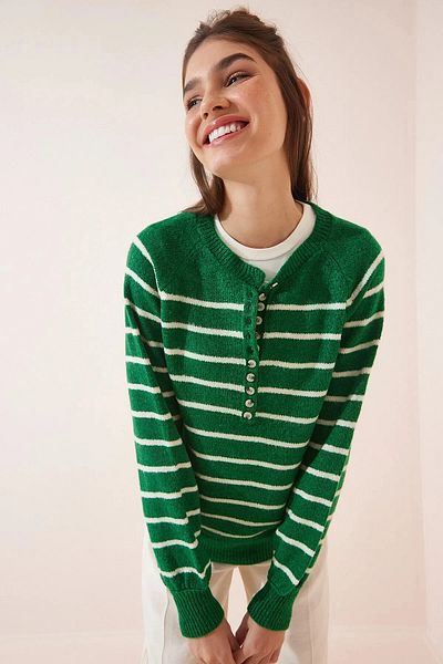 hazelin Women's Dark Green Lightweight Balloon Sleeve Red Striped Button-Up Collar Knitwear Sweater HZL23W-BD1101491