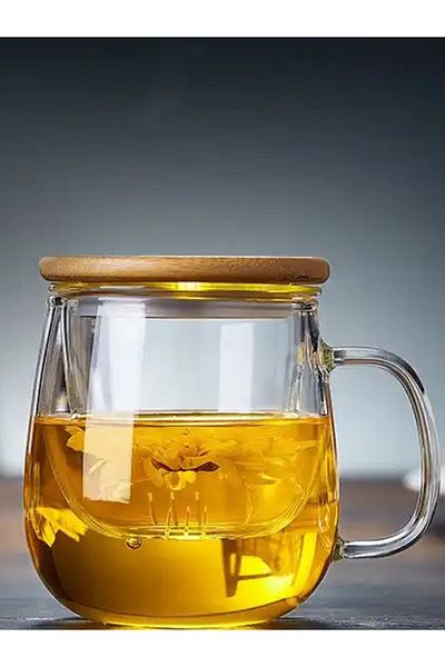 morponi Bamboo Mug with Borosilicate Glass Strainer and Lid 350 ml