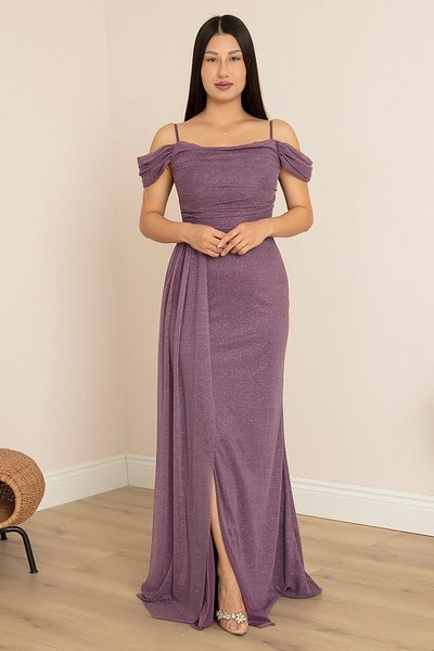 PULLIMM Rochie de seară lungă din tul cu sclipici cu mâneci căzute 39433