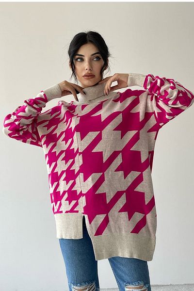 lovebox Women's Knitwear Fabric Turtleneck Asymmetrical Cut Oversize Sweater 193