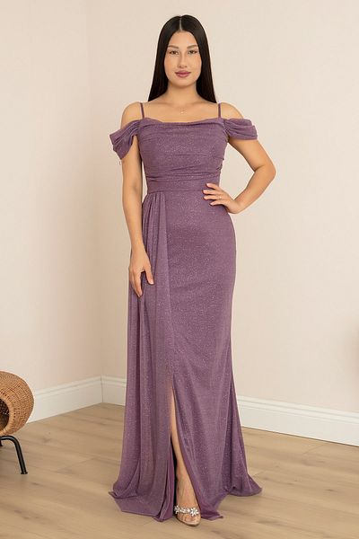 PULLIMM Rochie de seară lungă din tul cu sclipici cu mâneci căzute 39433
