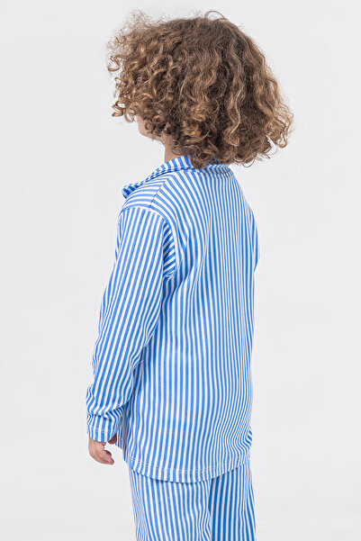 Nezoş İnterlok Pamuklu Mavi Çizgili Düğmeli Erkek Çocuk Pijama Takımı
