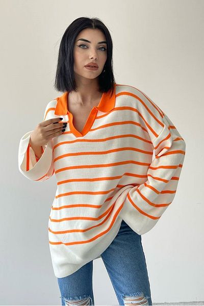 lovebox Women's Knitwear Fabric V-Neck Striped Pattern Bat Sleeve Detailed Oversize Sweater 196