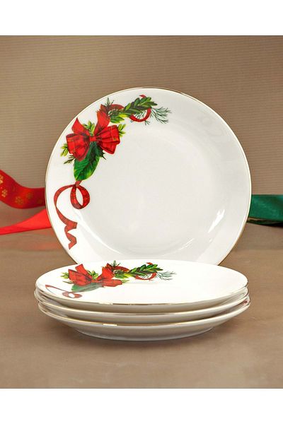 Bursa Porselen Dekor Red bow gilded 4-piece porcelain cake plate