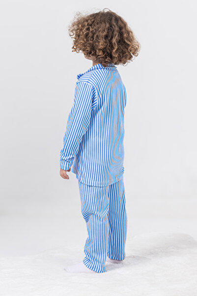 Nezoş İnterlok Pamuklu Mavi Çizgili Düğmeli Erkek Çocuk Pijama Takımı