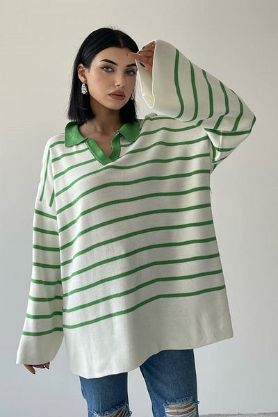 lovebox Women's Knitwear Fabric V-Neck Striped Pattern Bat Sleeve Detailed Oversize Sweater 196