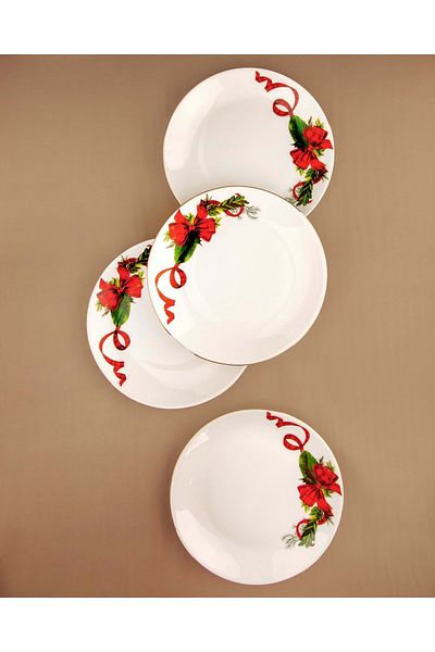 Bursa Porselen Dekor Red bow gilded 4-piece porcelain cake plate