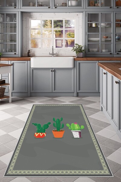 Pelangi Kaktüs Desenli Yıkanabilir Kaymaz Taban Leke Tutmaz Mutfak Halısı