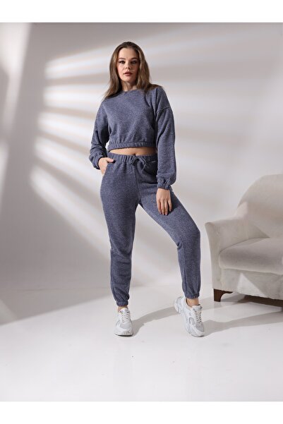 PAMCOTT Kadın Simli Oversıze Kadın Bisiklet Yaka Crop Üst ve Jogger Alt Eşofman Takımı