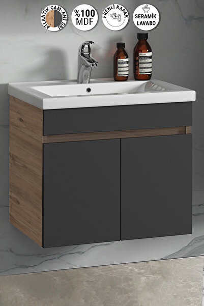 ÖZCEDEN Çiğdem 55 Cm Atlantik Çam-antrasit Gri Mat Mdf Seramik Lavabolu Asma Banyo Alt Dolabı
