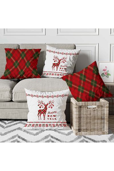 menesahome Menesa Home New Year's Themed Deer Patterned 4-Piece Digital Printed Gift Pillow Throw Pillow Cover Set