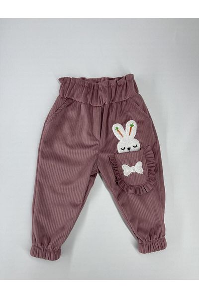 CANBİX Girl's Ruffled Rabbit Velvet Trousers