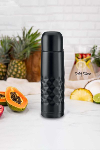 SEDEF SİLVER Stainless Steel 500 ml Tea Coffee Thermos Cup with Open and Close Button Lid and Cup 511 -b