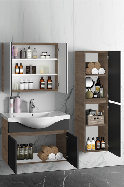 ÖZCEDEN Yıldız 80+35 cm Atlantik Çam-Antrasit Gri Mat MDF Seramik Lavabolu Asma Banyo Dolabı Takımı