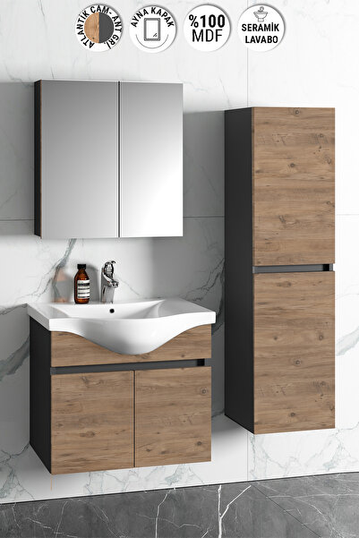 ÖZCEDEN Yıldız 55+35 cm Antrasit Gri Mat-Atlantik Çam MDF Seramik Lavabolu Asma Banyo Dolabı Takımı