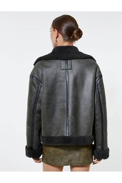 Koton 4wak20135ew Women's Leather Coat and Jacket Khaki