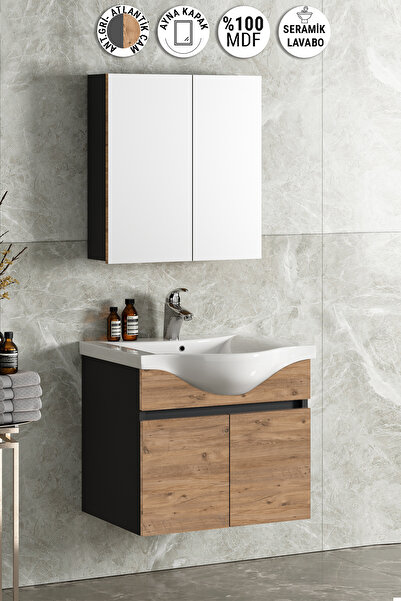 ÖZCEDEN Yıldız 65 cm Antrasit Gri Mat-Atlantik Çam MDF Seramik Lavabolu Asma ...