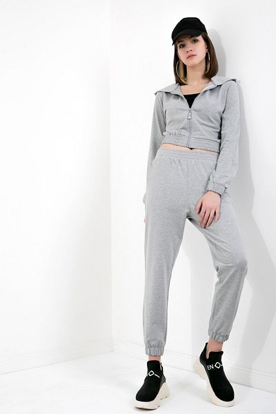 OENDO Two Thread Gray Melange Tracksuit Set with Hooded Zippered Waist and Elastic Leg Nd-26206