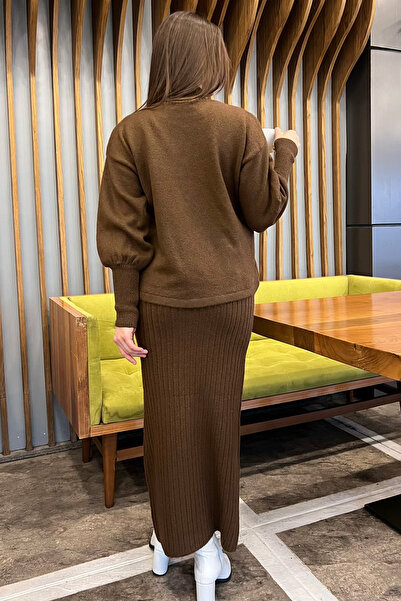 julude Brown Women's Half Turtleneck Embroidered Knitwear Blouse Dress Double Set