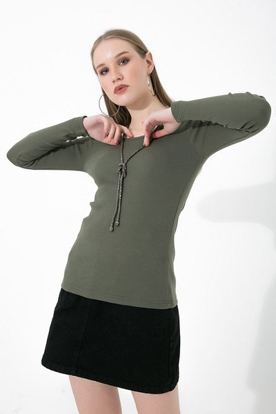 OENDO Lycra Long Sleeve Ribbed Knitted O Neck Basic Khaki Blouse Nd-26208