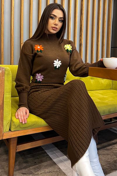 GÜLSELİ Brown Women's Half Turtleneck Embroidered Knitwear Blouse Dress Double Set