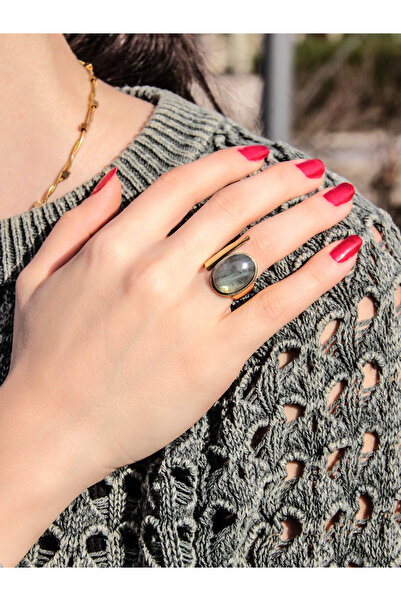 esha خاتم نسائي من حجر اللابرادوريت الطبيعي قابل للتعديل